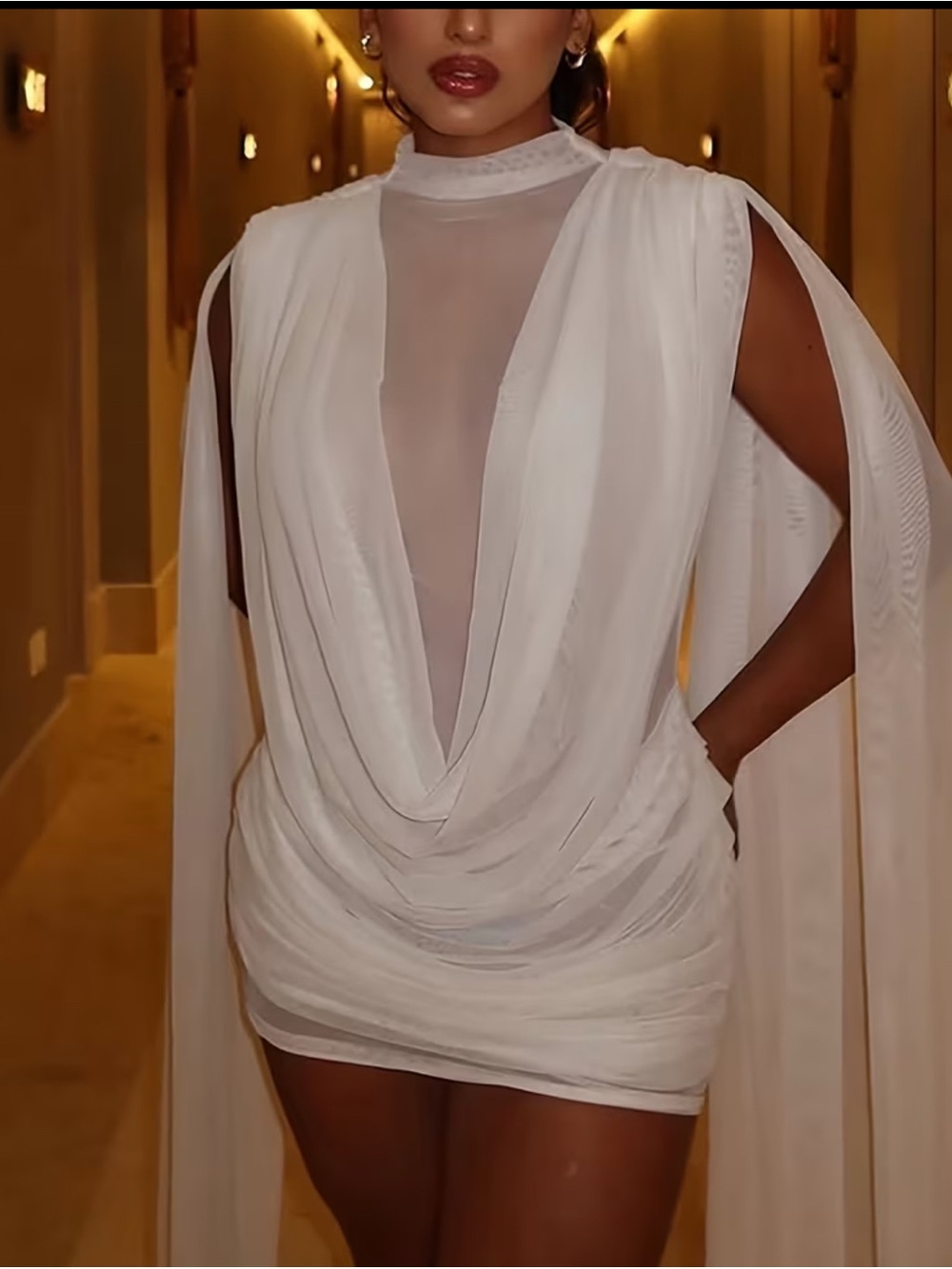 Elegant White Draped Mini Dress with Sheer Panel